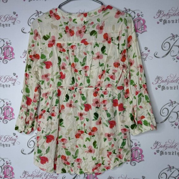 Floral blouse cinch at waist cream yellow white red green orange flowers cute - Picture 2 of 8